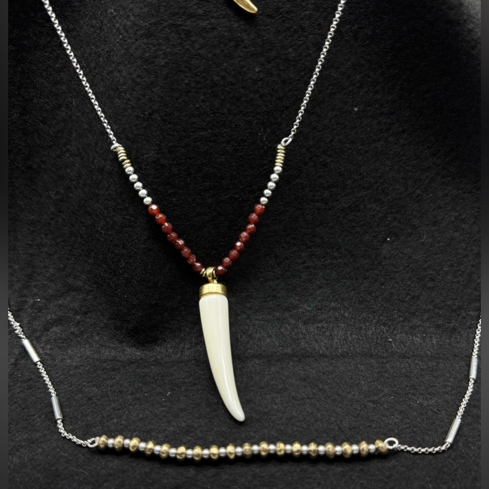 Lucky Brand Horn Bead Chain Gold Silver Two Tone Lg Faux Ivory Horn Red Crystals - Picture 2 of 10